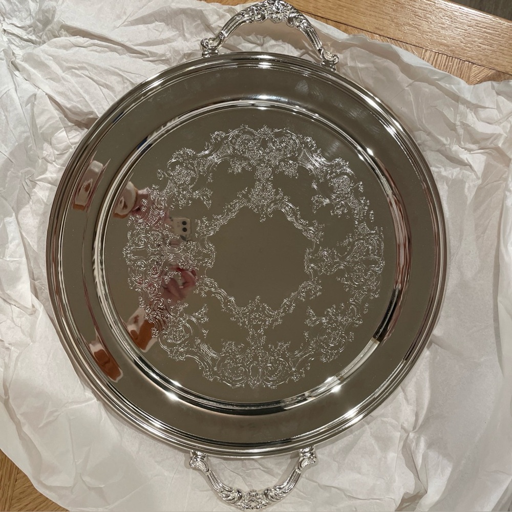 NIB Gorham Silverplated Round Handled Tray 14.5"